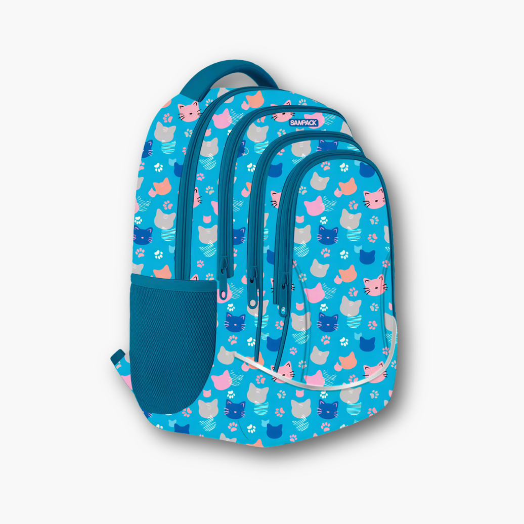 Ранец со четири прегради, син со мачиња