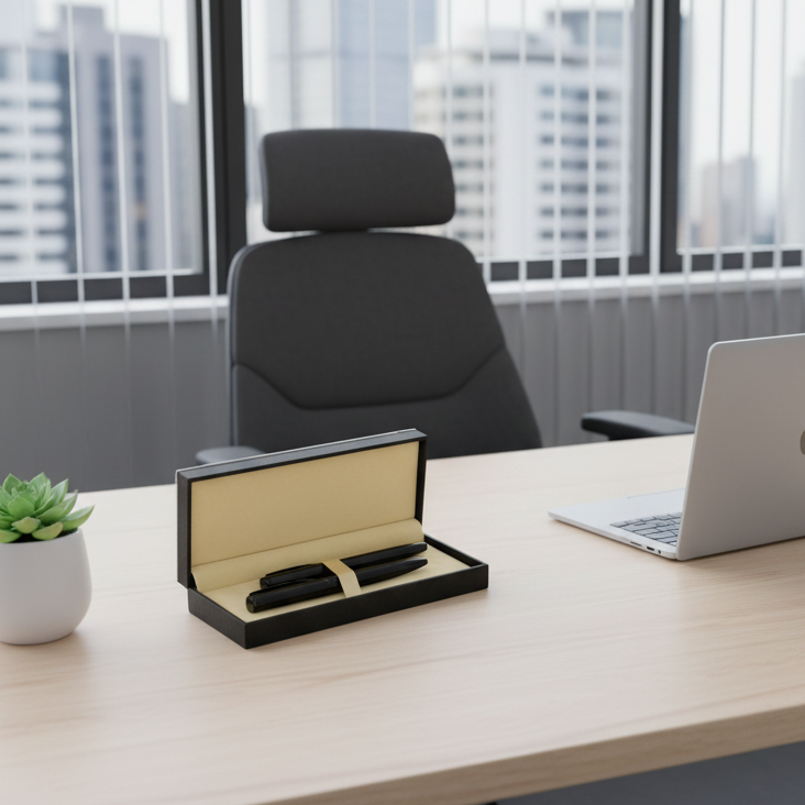 Modern office desk with laptop, stationery, and a chair in front of large windows with cityscape view.